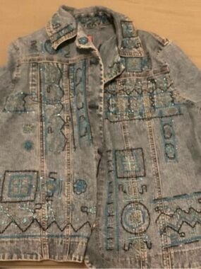 hearts of palm Light Blue Embroidered Denim Jacket with Teal Accents